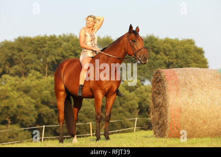 Signora giri a cavallo nei pressi di haybale nel giorno di estate Foto Stock