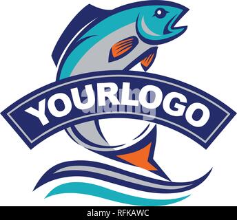 Jumping vettore pesce logo design modello. Il ristorante di pesce idea. Illustrazione Vettoriale