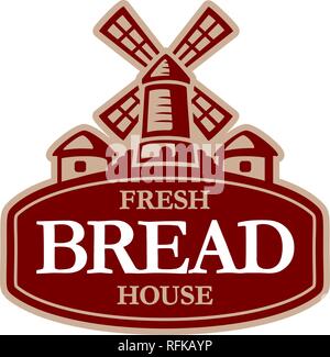 Vecchio mulino a vento e due case. Panificio logo design modello. Illustrazione Vettoriale. Illustrazione Vettoriale