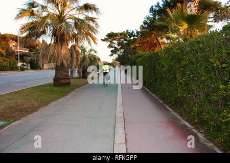 Uomo sportivo ski con gli sci sul lastricato passeggiata in bici percorso. outdoor sports. strada sci con pattino dello sterzo. Foto Stock