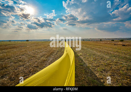 Modello ragazza vestito giallo sta posando sul campo dopo la raccolta, Kirklarelli, Turchia. Foto Stock