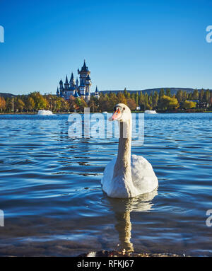 Swan e fiaba castello nel Parco Sazova, Eskisehir, Turchia Foto Stock