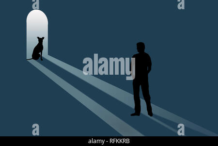 Un cane nel portale che guarda in una casa a un uomo in piedi in camera. Questo illustra la decisione di avere o non avere un animale domestico. Può montare qualsiasi topi Foto Stock