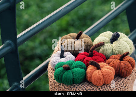 Gruppo di zucca colorata ornamento lavorato a maglia da filato sul tavolo esterno con sfondo verde, vicino bannister, photo focus su autunno zucche con sfocato b Foto Stock