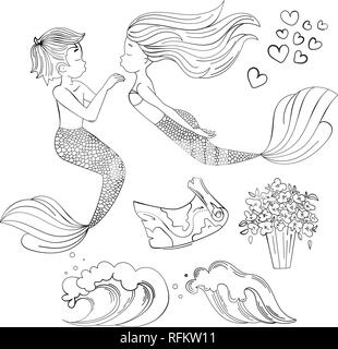 MERMAID amante monocromatico fumetto illustrazione vettoriale impostata per la stampa, il tessuto e decorazione. Illustrazione Vettoriale