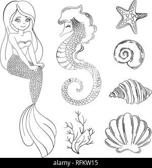 MERMAID Cartoon monocromatica tropicali viaggio illustrazione vettoriale impostata per la stampa, il tessuto e decorazione. Illustrazione Vettoriale