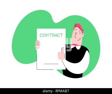 L'uomo sorridente con un poster. Vector Cartoon carino carattere da linee semplici e colori con copyspace. Occupazione per il concetto di lavoro Illustrazione Vettoriale