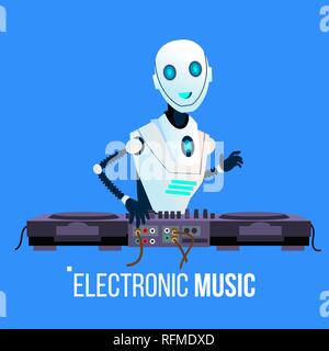 Robot Dj conduce la Parte la riproduzione di musica elettronica Nel Night Club vettore. Illustrazione isolato Illustrazione Vettoriale
