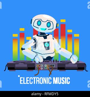 Robot Dj conduce la parte Riproduzione di musica Electro a Console di miscelazione in un Night Club vettore. Illustrazione isolato Illustrazione Vettoriale