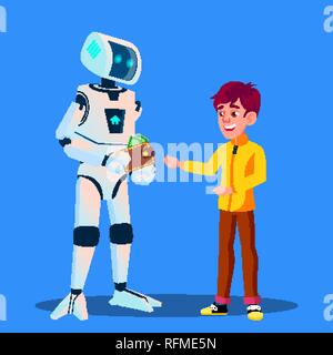 Robot dà soldi al vettore di bambino. Illustrazione isolato Illustrazione Vettoriale