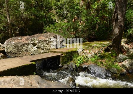 Un piccolo ponte di legno su un fiume che scorre in granito, piegare la via al fiume rotto, Eungella National Park, Queensland, Australia Foto Stock