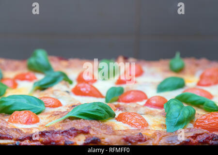 Close up appena eseguito Lasagne Vegetariane decorate con pomodoro, formaggio ed erbe aromatiche Foto Stock