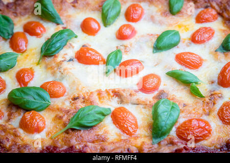 Close up appena eseguito Lasagne Vegetariane decorate con pomodoro, formaggio ed erbe aromatiche Foto Stock