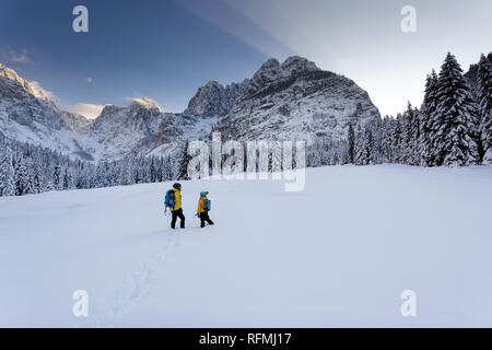 Inverno all'aperto può essere favola-maker per bambini o anche per adulti, madre e figlio permanente sulla coperta di neve valle, montagne nel retro, Europa Foto Stock