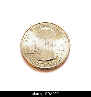 Un brillante quarto US dollar coin isolato. Foto Stock