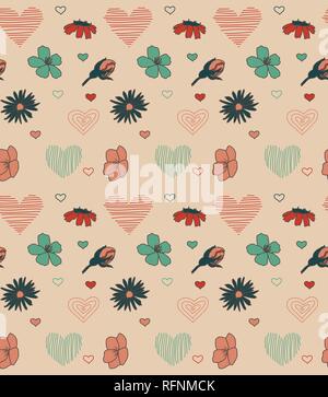 Vettore di Seamless pattern con cuori e fiori, illustrazione vettoriale Illustrazione Vettoriale