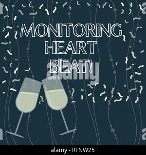 La scrittura della nota mostra il monitoraggio del battito cardiaco. Business photo vetrina per misurare o registrare la frequenza cardiaca in tempo reale riempito di vetro di vino per la festa Foto Stock