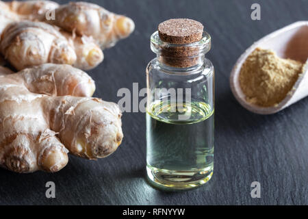 Una bottiglia di olio essenziale con radice di zenzero e polvere Foto Stock