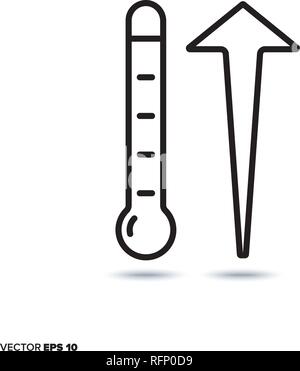 Termometro e freccia verso l'alto linea del vettore icona. L'aumento delle temperature attraverso il cambiamento climatico simbolo. Illustrazione Vettoriale