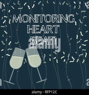 La scrittura della nota mostra il monitoraggio del battito cardiaco. Business photo vetrina per misurare o registrare la frequenza cardiaca in tempo reale riempito di vetro di vino per la festa Foto Stock
