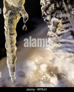 Shining goccia di acqua che cade da un ghiacciolo su sfondo nero Foto Stock