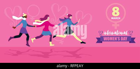 Banner per 8 Marzo Internazionale womens giorno. Le donne provenienti da diversi gruppi etnici celebrano l'8 marzo, Giornata internazionale della donna. Illustrazione Vettoriale