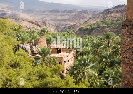 Dettaglio di una vecchia casa del villaggio di Misfat al Abriyyin tra palme da dattero e la valle in background Foto Stock