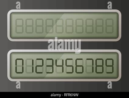 Set di retrò elettronico digitale numeri sul display verde Illustrazione Vettoriale