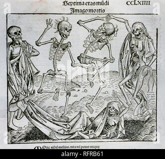 "La Danza de la Muerte" (1493). Ilustración realizada por el pintor y grabador alemán Michael Wolgemut (1434-1519) para la 'Crónica de' di Norimberga (también Conocida como "Historia mundi" o "Liber chronicarum'), obra del humanista alemán Hartmann Schedel (1440-1514). Grabado. Foto Stock