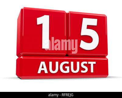 Cubi rossi - Il quindicesimo giorno del mese di agosto - su un tavolo bianco - Assunzione di Maria e il giorno di indipendenza in India, tridimensionale, rendering 3D illustratio Foto Stock