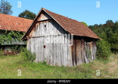 Vecchio inutilizzato abbandonato fatiscente fienile in legno con ingresso imbarcato e schede incrinato circondato con alta erba non tagliata e alberi con arrugginita Foto Stock