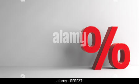 Rosso segno di percentuale su uno sfondo grigio, tridimensionale, rendering 3D illustrazione Foto Stock
