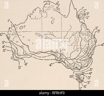 . Carnegie Institution di Washington la pubblicazione. Porzioni di aride del Sud Australia. 13. FIG. 5o.-media di precipitazione di Australia per luglio, dopo la caccia. Tabella 4.-media mensile e annuale di evaporazione (in pollici).* Gennaio Febbraio Marzo Aprile Maggio. Giugno. Luglio. Agosto Settembre Ott Nov. Dec. anno. Alice Springs: Media 12,2 10,5 9,5 6,8 4,8 3,3 3,6 5,0 7,1 9,2 10,6 12,0 95,2 media più alta. Media più bassa . Adelaide: media 15,4 8,1 8,9 13,8 6,5 7,3 12,6 6.9 5.7 8.4 5.0 3.3 5.5 3.7 1.9 4.1 2.6 1.2 4.4 2.3 1.2 6.4 3.9 1.8 8.5 5.9 2.8 11,7 5,8 4,7 12,8 8,6 6,5 14,1 8,9 8,4 84,2 108,4 54,4 media più alta. Media minima. Eucla: Media 1 Foto Stock