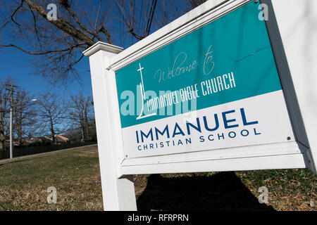 Una vista al di fuori del Immanuel scuola cristiana in Springfield, Virginia, il 21 gennaio 2019. Karen Pence, la moglie del Vice Presidente Mike Pence, tè Foto Stock