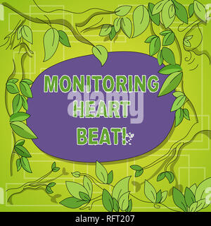 La scrittura della nota mostra il monitoraggio del battito cardiaco. Business photo vetrina per misurare o registrare la frequenza cardiaca in tempo reale a rami di alberi sparsi con lasciare Foto Stock