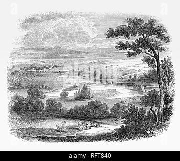 Un edificio del xviii secolo vista del fiume Thames Flood plain vicino a Wallingford, una storica città mercato e parrocchia civile che si trova a sud di Oxford in Inghilterra. Il Blackstone famiglia possedeva un break intorno a Wallingford dove Sir William Blackstone, un celebre giurista inglese, giudice e Tory politico , costruito una casa chiamata Castello Priory. William è soprattutto nota per iscritto i commenti sulle leggi di Inghilterra; questi sono noti per la loro influenza sulla costituzione americana. Foto Stock