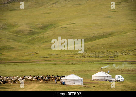 Pastori nomadi' ger camp su praterie steppe della Mongolia, in Asia Foto Stock