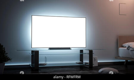 Vuoto bianco schermo tv room interior nelle tenebre mockup, rendering 3d. Vuoto widescreen lcd mock up, vista laterale. Cancella smart monitor nel piatto per guardare il cinema o video modello. Foto Stock