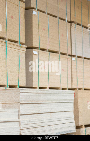 Legname in magazzino. Pallet con pannelli in negozio di ferramenta. Pranzo schede dell'edificio. Negozio di materiali edili. magazzino con varietà di timb Foto Stock