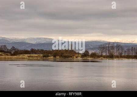 Vista su tutta bella, semi lago ghiacciato con i fiocchi di neve sul ghiaccio nuovo e reed e lontane montagne innevate dall'altro lato Foto Stock