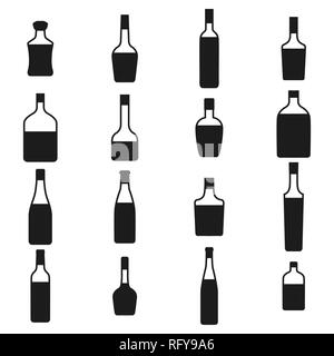 Bottiglie di alcol set di icone. Silhouette in nero su sfondo bianco, illustrazione vettoriale. Illustrazione Vettoriale