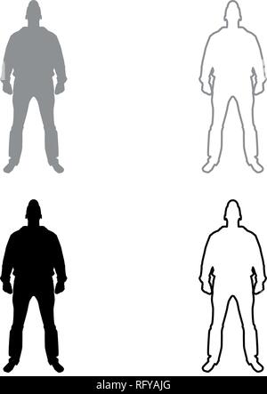 Uomo in piedi nel cappuccio vista anteriore con il set di icone di colore grigio colore nero vettore I Outline stile piatto semplice immagine Illustrazione Vettoriale