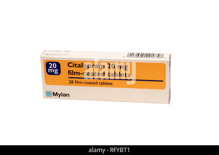 Un pacchetto di citalopram compresse. Un inibitore selettivo di riassorbimento di serotonina anti-depressive. Foto Stock