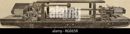 . Canadian Forest industries 1907. Macchinoso; le foreste e la silvicoltura; prodotti di foresta; polpa di legno Industria; legno industrie utilizzatrici. Macchinari di scandole costruiamo tutto per mulini di scandole. Il taglio mostra il nostro standard per alimentazione manuale orizzontale della macchina. Con questa macchina una spessa lastra può essere tagliato dalla vite e ogni shingle sawed riftwise un unico movimento della leva a mano si abbassa di inclinare il tavolo a due pollici o meno in modo che una spessa lastra è tagliato tagliato per la prima volta e il secondo taglio è sempre una tegola. Esso può essere utilizzato sia come una tegola, voce o la casella bordo macchina. È in grado di tagliare le assicelle 16" o 18" a lungo. Tale pettine Foto Stock
