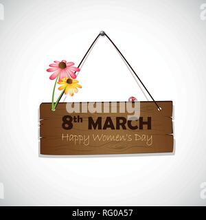 Il 8 marzo la giornata internazionale della donna cartello in legno con fiori e coccinella illustrazione vettoriale EPS10 Illustrazione Vettoriale