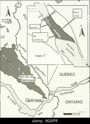 . Il campo Canadese-naturalista. 522 Il canadese Feeld-Naturalist Vol. 118. La figura 1. Site de la riviere Gatineau pres du pont Alonzo-Wright, se trouvant un 5,2 km de la jonction avec la riviere des Outaouais. Qui i sieri a portee sur la ripartizione dans le temps de la riproduzione des Trois especes de chevalier {Moxos- toma spp.) qui utilisent le secteur des rapides pour frayer. Sito d'echantillonnage La sezione de la riviere Gatineau (45°29'N, 75°44'0) echantillonnee se trouve entre 6,0 et 5,2 km de I'imboccatura sur la riviere des Outaouais (Figura 1). La zone d'echantillonnage couvre une longue Foto Stock