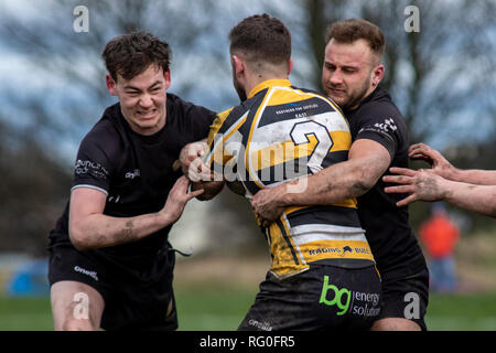 Drighlington ARLFC ospitare tutti gli ori RL presso il campo di battaglia in corallo Challenge Cup 1° round. Lewis Mitchell/tutti gli ori RL. Foto Stock