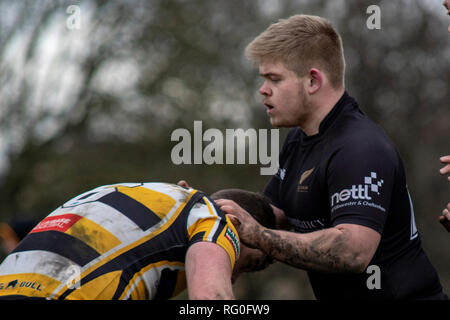 Drighlington ARLFC ospitare tutti gli ori RL presso il campo di battaglia in corallo Challenge Cup 1° round. Lewis Mitchell/tutti gli ori RL. Foto Stock