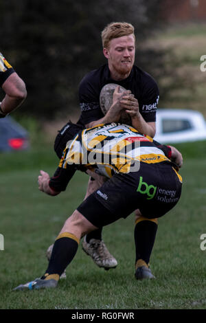 Drighlington ARLFC ospitare tutti gli ori RL presso il campo di battaglia in corallo Challenge Cup 1° round. Lewis Mitchell/tutti gli ori RL. Foto Stock