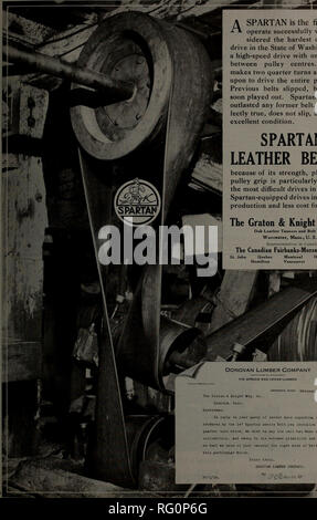 . Canadian Forest industries 1916. Macchinoso; le foreste e la silvicoltura; prodotti di foresta; polpa di legno Industria; legno industrie utilizzatrici. ASPARTAN è il primo nastro di operare con successo qual è costitui- sidered la più difficile ruotare di un quarto di giro rigido nello Stato di Washington. Si tratta di un comando ad alta velocità con solo cinque piedi tra i centri della puleggia. La cinghia fa due un quarto di giro ed è chiamato a guidare tutta la piallatura mulino. le cinghie precedenti scivolato, bruciati e presto ha giocato fuori. Spartan ha già outlasted qualsiasi ex cintura, si corre per- fectly vero, non lo slittamento, ed è ancora in ottime condizioni. SPARTAN Foto Stock
